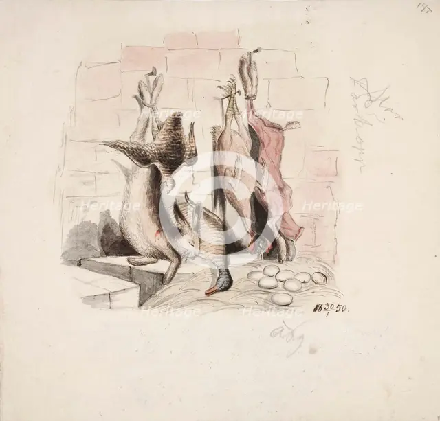Still Life with a Dead Hare, Mallard, Partridge, Skinned Hare and Hen, 1850. Creator: Karl Anders Ekman.