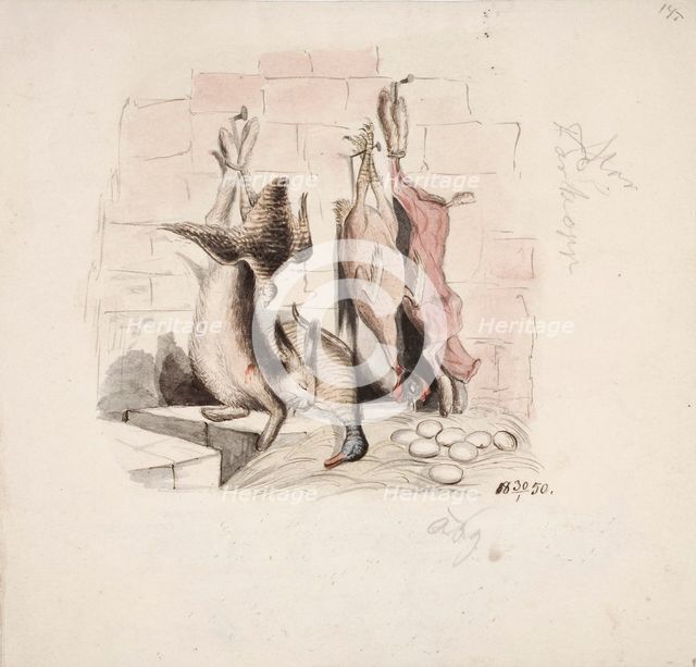 Still Life with a Dead Hare, Mallard, Partridge, Skinned Hare and Hen, 1850. Creator: Karl Anders Ekman.