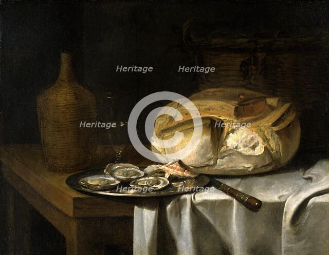 Still Life with a Loaf of Bread, Oysters and a Flask, c17th century. Creator: Unknown.