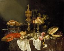 Still Life with a Lobster and Turkey, c1653. Artist: Abraham van Beyeren