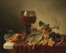 Still life with a self-portrait in a wine glass and fruit, 1861. Creator: Preyer, Johann Wilhelm (1803-1889)