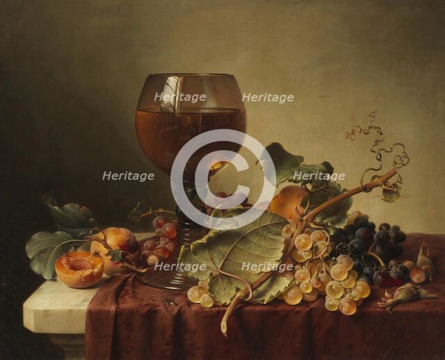 Still life with a self-portrait in a wine glass and fruit, 1861. Creator: Preyer, Johann Wilhelm (1803-1889).