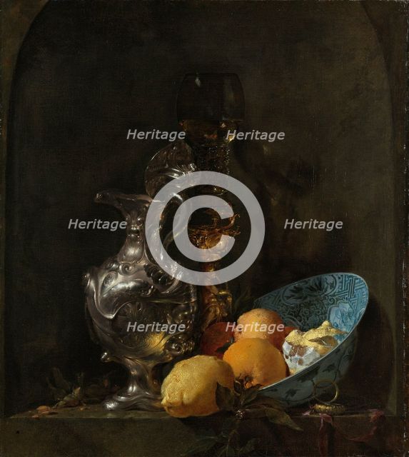 Still Life with a Silver Jug and a Porcelain Bowl, 1655-1660. Creator: Willem Kalf.