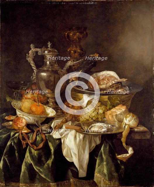 Still Life with a Silver Wine-jar and a reflected portrait of the artist, c1657. Artist: Abraham van Beyeren.