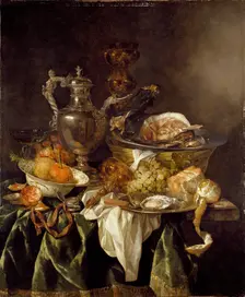Still Life with a Silver Wine-jar and a reflected portrait of the artist, c1657. Artist: Abraham van Beyeren