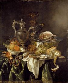 Still Life with a Silver Wine-jar and a reflected portrait of the artist, c1657. Artist: Abraham van Beyeren