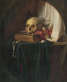 Still life with a skull and a book, 1860. Creator: Gyula Benczúr