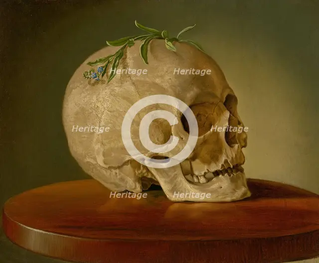 Still Life with a Skull and a Forget-Me-Not, around 1860. Creator: Frantisek Klimkovic.