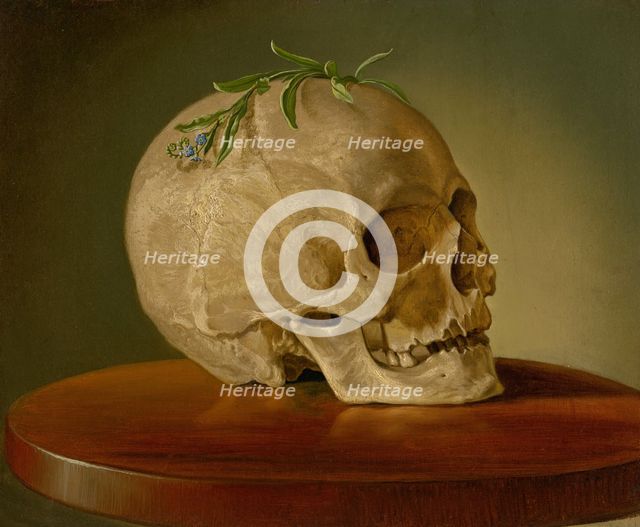 Still Life with a Skull and a Forget-Me-Not, around 1860. Creator: Frantisek Klimkovic.