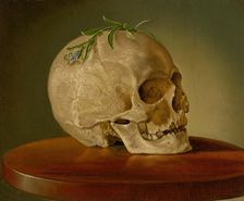 Still Life with a Skull and a Forget-Me-Not, around 1860. Creator: Frantisek Klimkovic