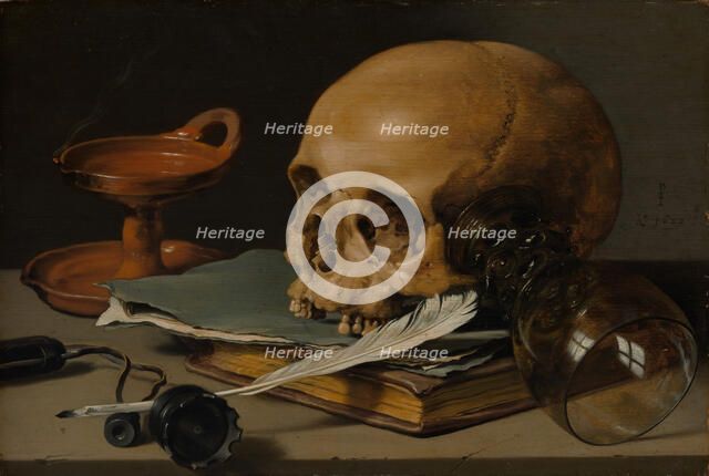 Still Life with a Skull and a Writing Quill, 1628. Creator: Pieter Claesz.