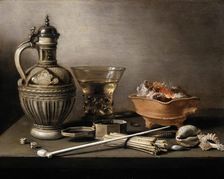 Still Life with a Stoneware Jug, Berkemeyer, and Smoking Utensils, 1640. Creator: Pieter Claesz