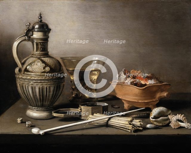 Still Life with a Stoneware Jug, Berkemeyer, and Smoking Utensils, 1640. Creator: Pieter Claesz.