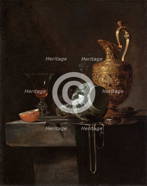 Still Life with a Porcelain Vase, Silver-gilt Ewer, and Glasses, between c1643 and c1644. Creator: Willem Kalf.
