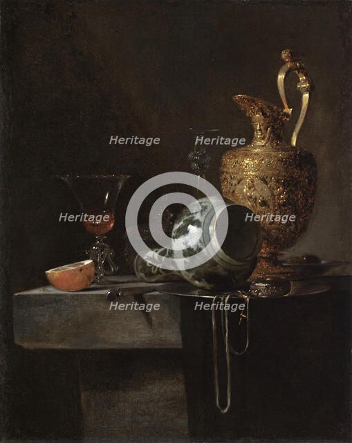 Still Life with a Porcelain Vase, Silver-gilt Ewer, and Glasses, between c1643 and c1644. Creator: Willem Kalf.