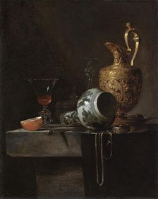 Still Life with a Porcelain Vase, Silver-gilt Ewer, and Glasses, between c1643 and c1644. Creator: Willem Kalf
