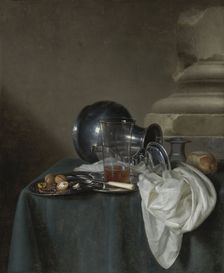 Still Life with a Pewter Jug, a glass of ale, a salt cellar and a bread roll