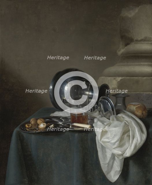 Still Life with a Pewter Jug, a glass of ale, a salt cellar and a bread roll.