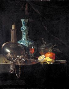 Still life with a pilgrim flask, candlestick, porcelain vase and fruit 17th century. Artist: Willem Kalf