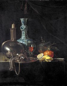 Still life with a pilgrim flask, candlestick, porcelain vase and fruit 17th century. Artist: Willem Kalf