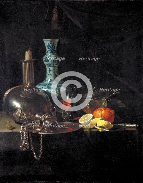 'Still life with a pilgrim flask, candlestick, porcelain vase and fruit', 17th century. Artist: Willem Kalf