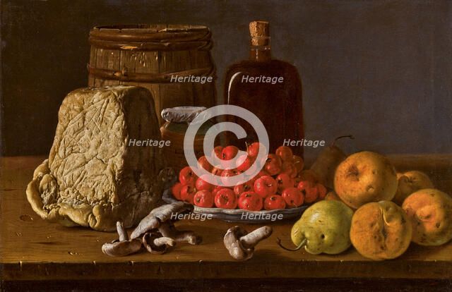 Still life with a plate of azaroles, fruit, mushrooms, cheese and receptacles. Creator: Meléndez, Luis Egidio (1716-1780).