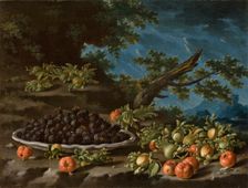 Still life with a plate of blackberries, acerolas and hazelnuts in a landscape, 1750. Creator: Luis Meléndez
