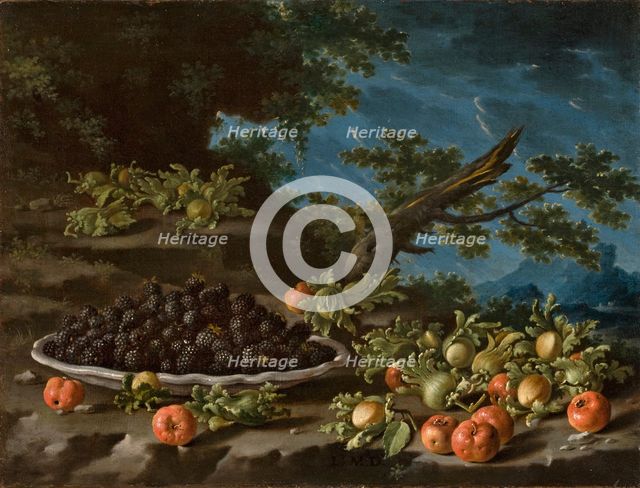 Still life with a plate of blackberries, acerolas and hazelnuts in a landscape, 1750.  Creator: Luis Meléndez.