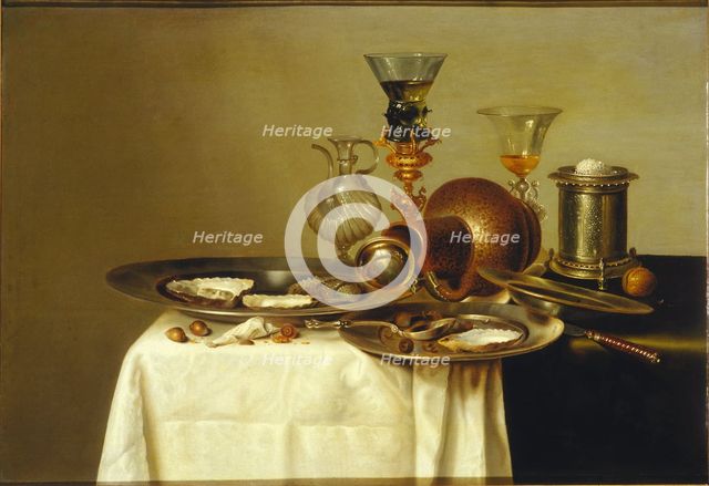Still life with a roemer on a gilt stand, stoneware and oysters, 1637. Creator: Heda, Willem Claesz (1594-1680).