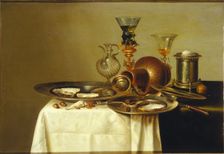 Still life with a roemer on a gilt stand, stoneware and oysters, 1637. Creator: Heda, Willem Claesz (1594-1680)