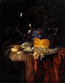 Still life with a roemer, fish, bread, walnuts, onions and grapes on a dark cloth, 1679. Creator: Willem van Aelst