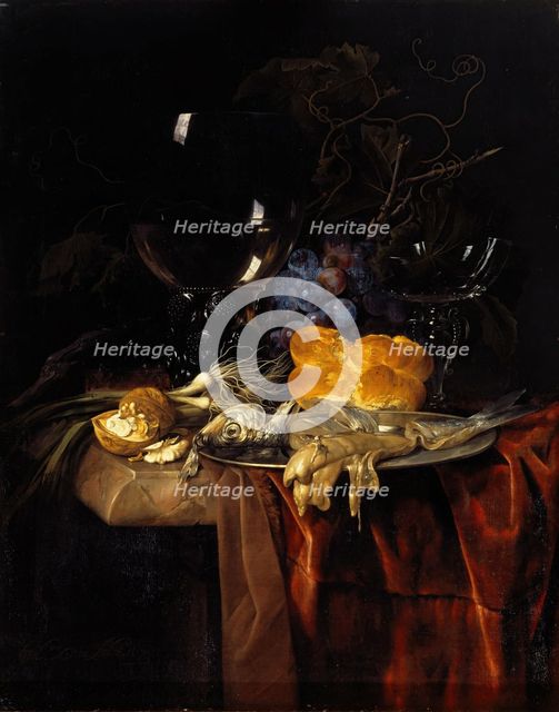 Still life with a roemer, fish, bread, walnuts, onions and grapes on a dark cloth, 1679. Creator: Willem van Aelst.