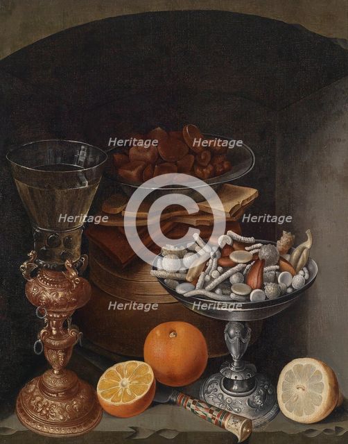 Still life with a wineglass, oranges, a plate with mushrooms and a silver cup, Early 17th cen.. Creator: Flegel, Georg (1566-1638).