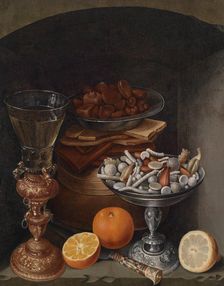Still life with a wineglass, oranges, a plate with mushrooms and a silver cup, Early 17th cen.. Creator: Flegel, Georg (1566-1638)