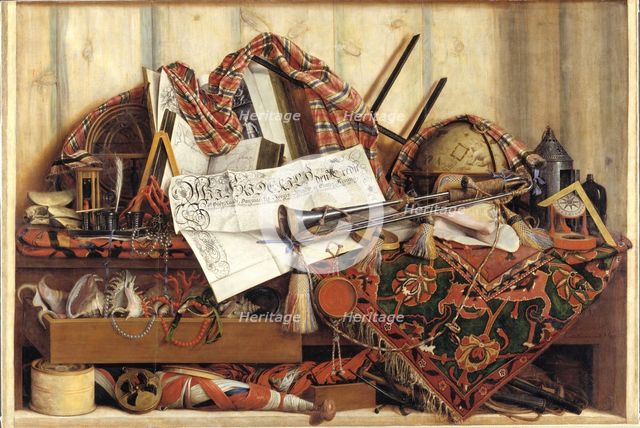 Still Life with a Trumpet and a Celestial Globe, Trompe l´oeil, 1670. Creator: Cornelis Norbertus Gysbrechts.