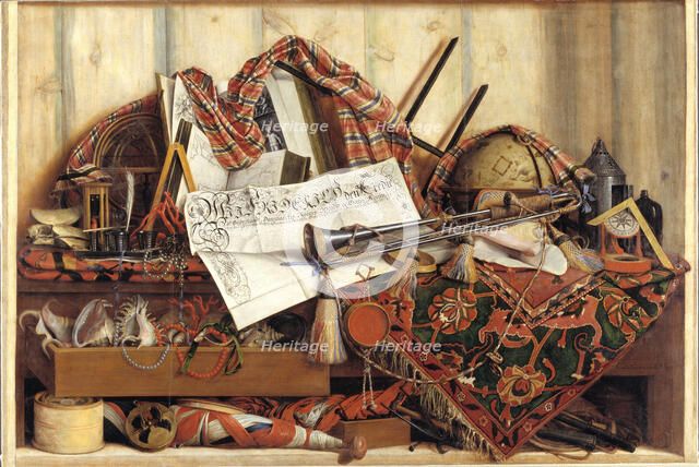 Still Life with a Trumpet and a Celestial Globe, Trompe l´oeil, 1670. Creator: Cornelis Norbertus Gysbrechts.