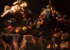 Still Life with a Turkish Carpet and a Putto Holding a Garland of Fruit, c1650. Creator: Noletti (il Maltese), Francesco (1611-1654)