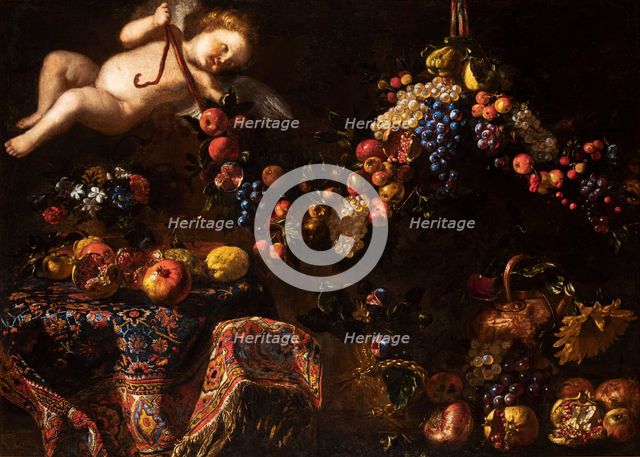 Still Life with a Turkish Carpet and a Putto Holding a Garland of Fruit, c1650. Creator: Noletti (il Maltese), Francesco (1611-1654).