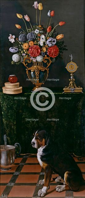 Still Life with a Vase of Flowers and a Dog, between c1625 and c1630 1625. Creator: Juan van der Hamen y León.