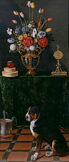 Still Life with a Vase of Flowers and a Dog, between c1625 and c1630 1625. Creator: Juan van der Hamen y León