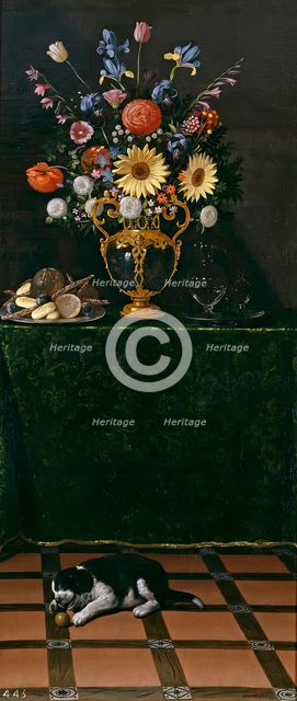 Still Life with a Vase of Flowers and a Puppy, c1625. Creator: Juan van der Hamen y León.
