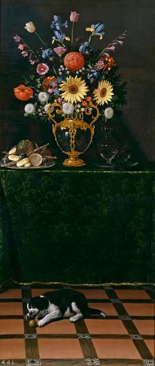 Still Life with a Vase of Flowers and a Puppy, c1625. Creator: Juan van der Hamen y León