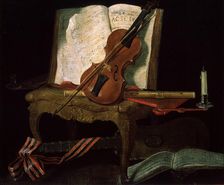 Still Life with a Violin 19th century. Artist: Pierre Justin Ouvrie