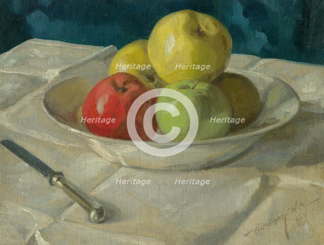 Still life with apples, 1923. Creator: Elemér Koszeghy.