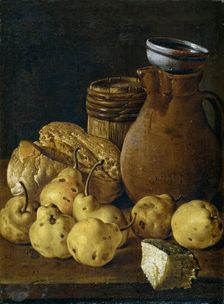 Still life with apples, cheese, bread, and containers, third quarter of the 18th century. Creator: Luis Meléndez