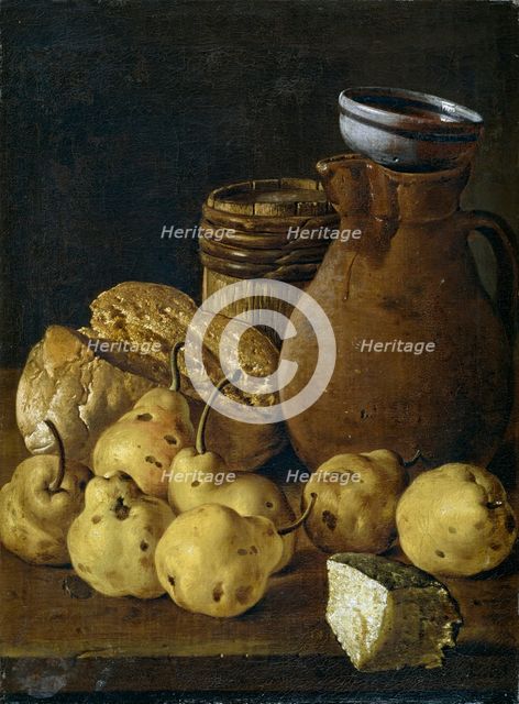 Still life with apples, cheese, bread, and containers, third quarter of the 18th century. Creator: Luis Meléndez.