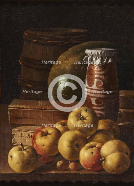 Still life with apples, strawberries, watermelon, box of sweets, jar of honey and barrel, Mid of the