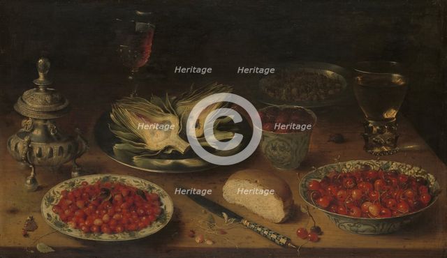 Still Life with Artichoke, Fruit in Kraak Porcelain Ware, a Salt Cellar/Pepper Castor, c.1605-c.1615 Creator: Osias Beert the Elder.