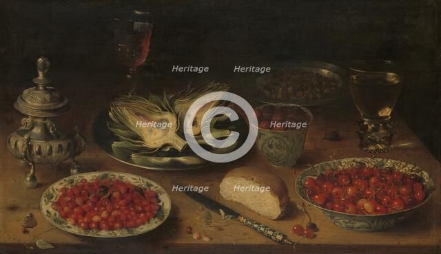 Still Life with Artichoke, Fruit in Kraak Porcelain Ware, a Salt Cellar/Pepper Castor, c.1605-c.1615 Creator: Osias Beert the Elder.