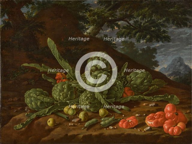 Still Life with Artichokes and Tomatoes in a Landscape. Creator: Meléndez, Luis Egidio (1716-1780).